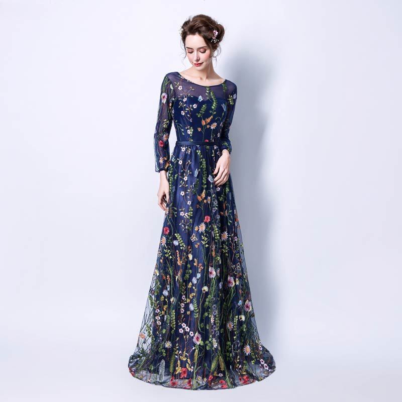 Evening Dress Long Sleeve Floral Dinner Prom dresses Lace Host Performance Costume Bridesmaid Dress Annual Party Gown H2238