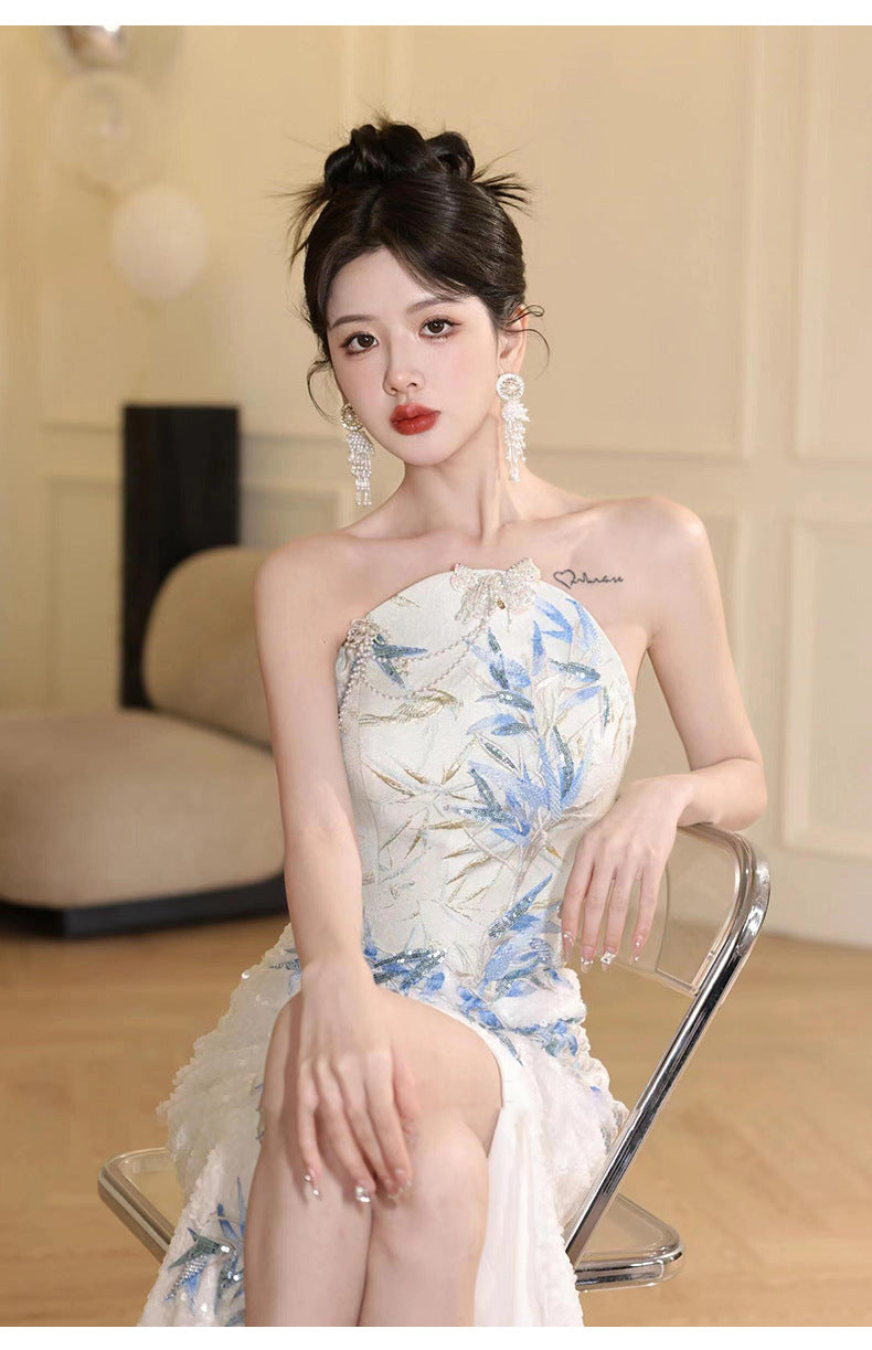 New Chinese Style Cheongsam Banquet Evening Dress Dress Women 2024 New High Sense Bride Engagement Toast Clothing Morning Gowns