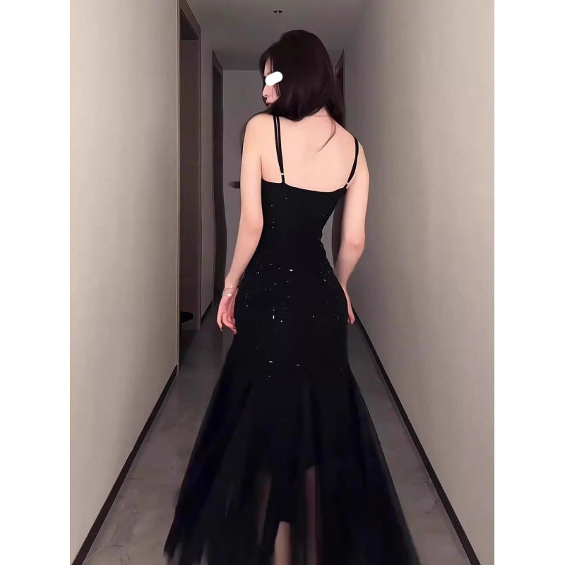 French Style Black Heavy-Duty Sling Dress Women's Summer Evening Dress Temperament Waist-Controlled Slim Fit Sexy Fishtail Long Dress