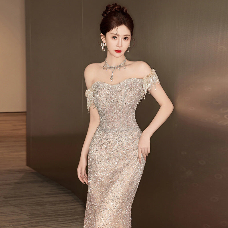 Evening Dress off Shoulder Elegant Long Light Luxury Host Fishtail Engagement Banquet Sequins Dress H2920