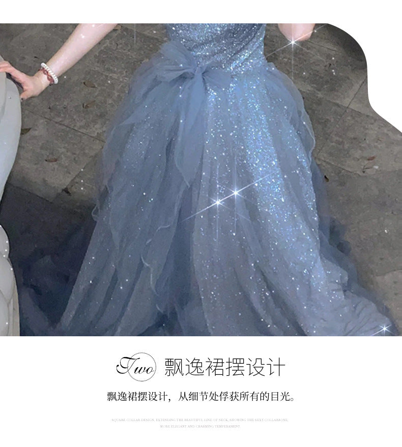French Princess Escape Evening Dress Super Fairy Blue Student Art Exam Performance Dress off-Shoulder Temperament Bride Toast Dress
