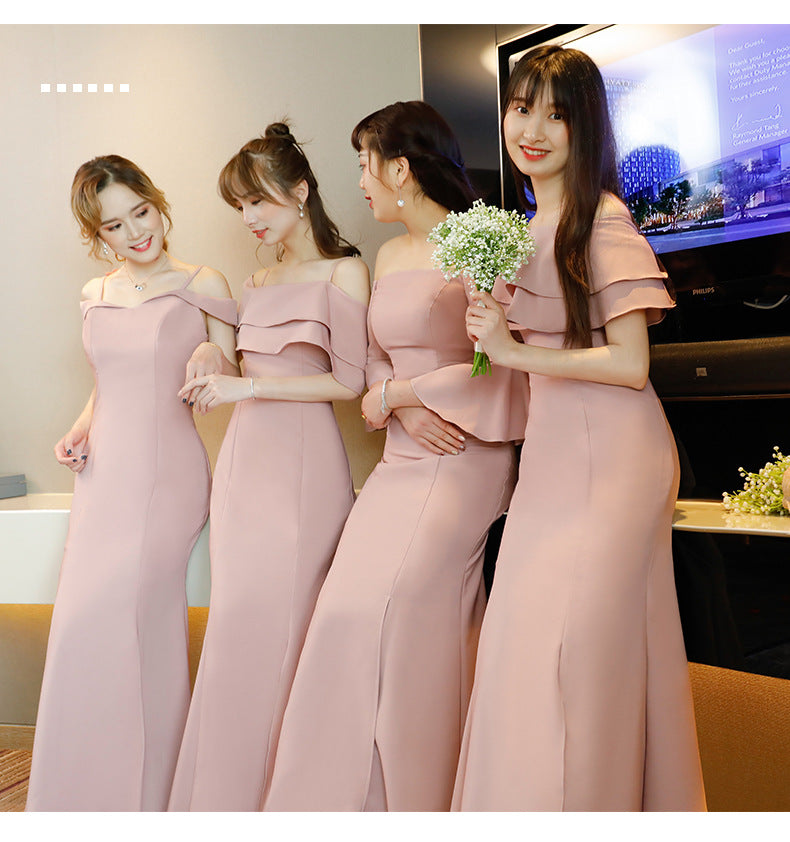 Ladybros' Dress 2023 Summer Autumn New Style off-Shoulder Annual Meeting Pink Figure Flattering Fishtail Dress for the Besties Bridesmaid Dress for Women