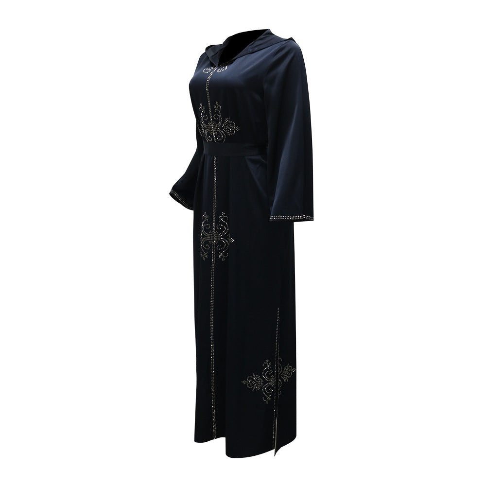 Xqy500157 Middle East Abaya Ethnic Style Dress Hooded Robe Fashion Diamond-Embedded Slits Lower Hem Dress