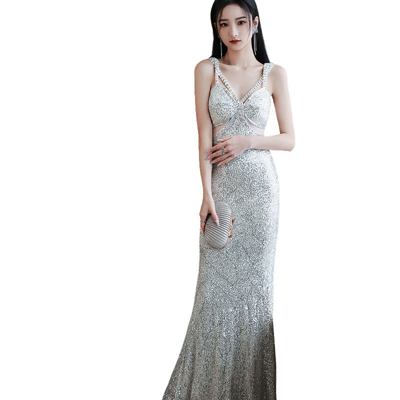 Silver Suspender Evening Dress Bridesmaid Dress Toast Dress V-neck Slimming Dress Banquet Sheath Dress Long Dress