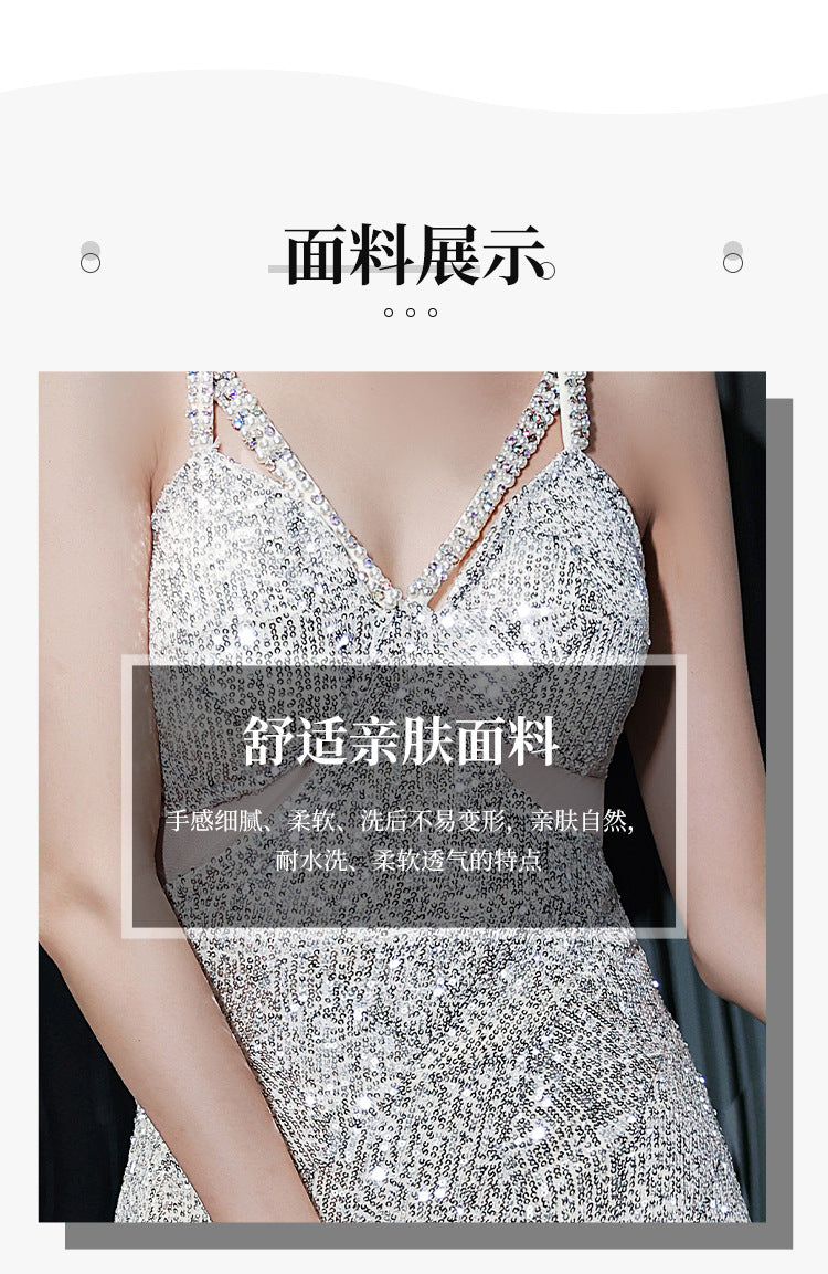 Silver Suspender Evening Dress Bridesmaid Dress Toast Dress V-neck Slimming Dress Banquet Sheath Dress Long Dress