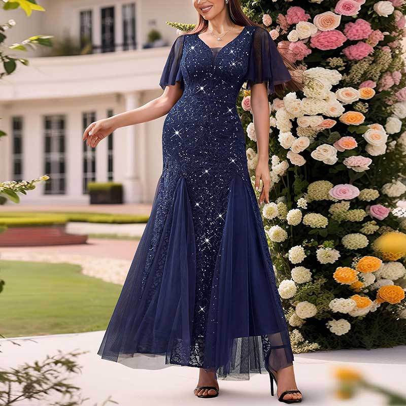 Cross-Border EBay Amazon European and American New Women's V-neck Dress Lace Chiffon Double-Layer Dress Sequined Evening Dress