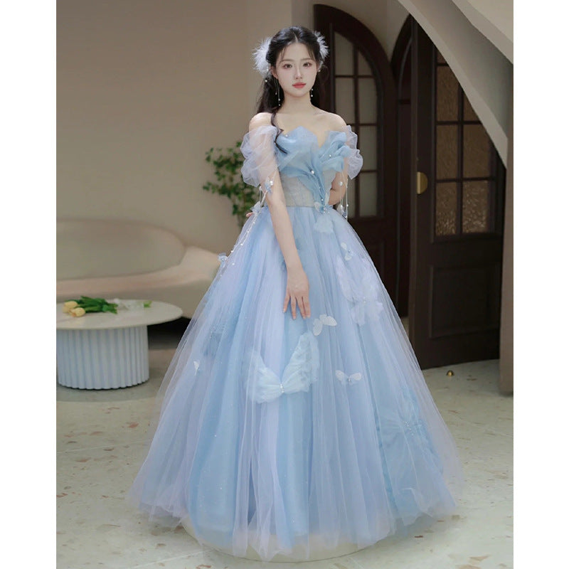 Blue Banquet Evening Dress for Women 2024 New High-Grade Princess on the Run Toast Dress Fairy Light Luxury Annual Meeting Dress