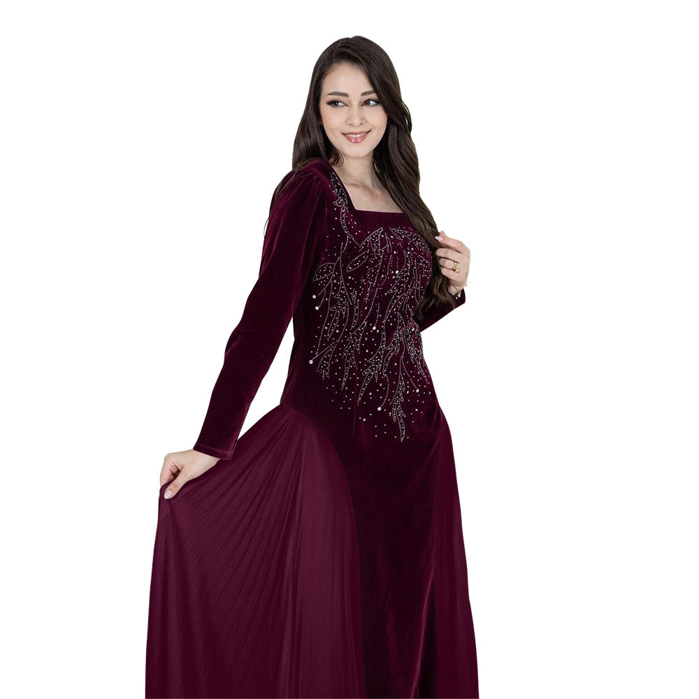 Xqy500222 Dubai Arabic Muslim Korean Velvet Chiffon Stitching Rhinestone Evening Dress Jalabia Women's Dress