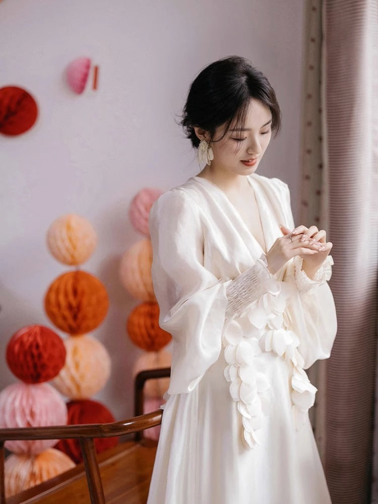 New Chinese Style Morning Gowns Female Bride Toast Clothing Engagement Dress High-End Affordable Luxury Niche White Fairy Waist-Tight Dress