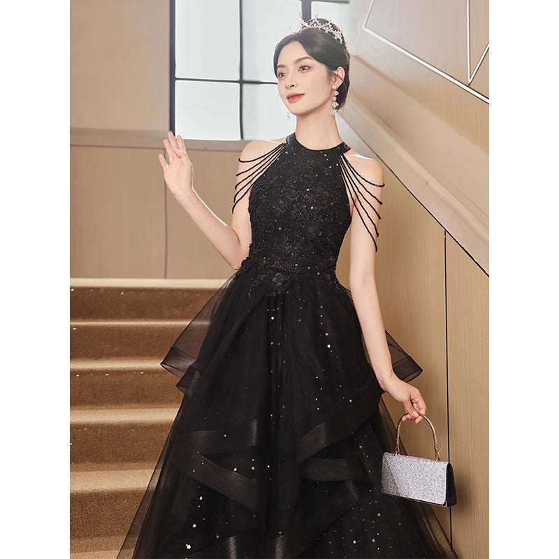 Black Evening Dress 2024 New Banquet Dinner Party Welcome Dress Elegant Host Elegant French Evening Dress for Women