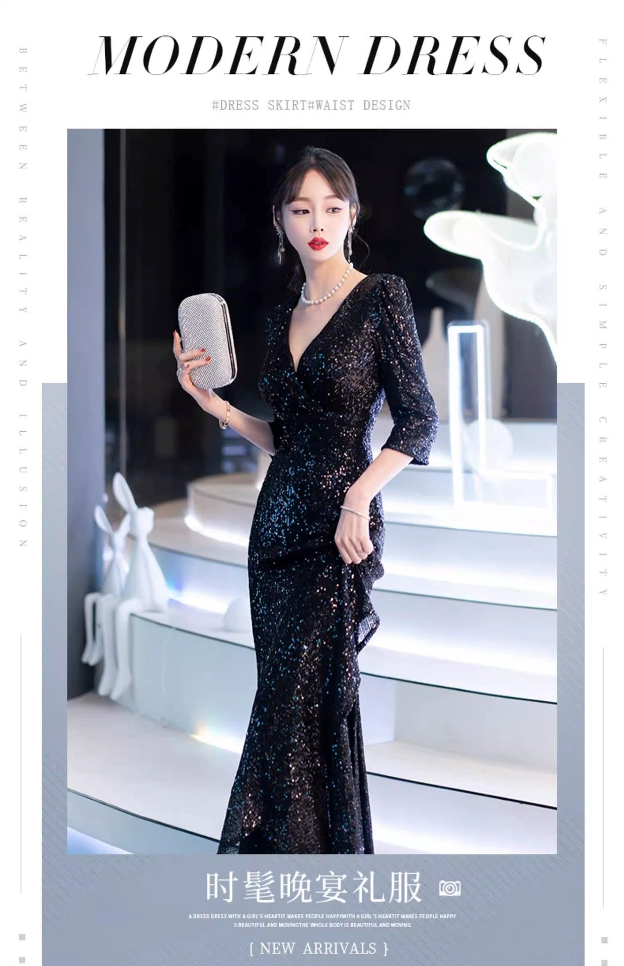 Black Evening Dress High-End Affordable Luxury Niche Female 2024 New Host Birthday Banquet Sequined Fishtail Dress Autumn