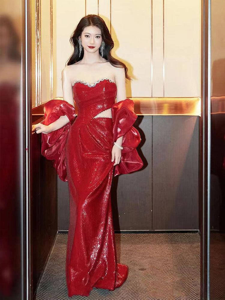 Golden Evening Dress 2024 High-Grade Wine Red Tube Top Bride Engagement Toast Dress Banquet Temperament Host
