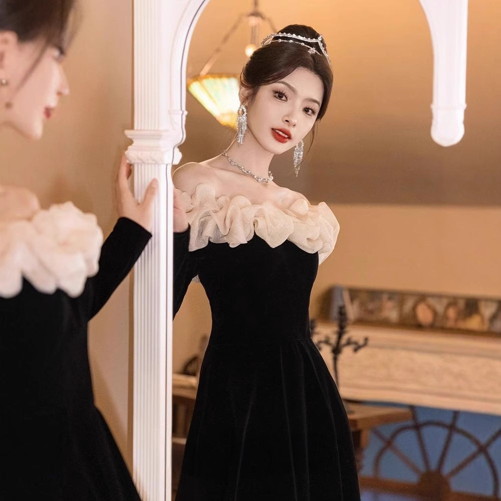 off-Shoulder Black Evening Dress 2024 New Banquet Temperament Host French Entry Lux Niche Long Sleeve Autumn and Winter