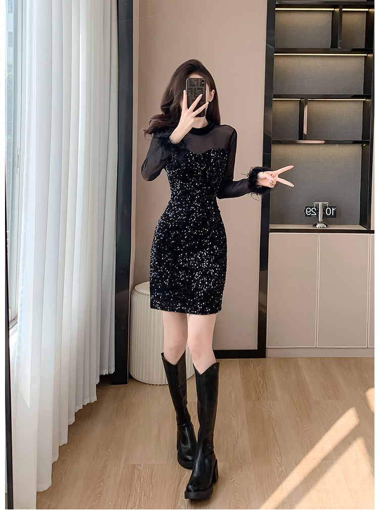 2023 Mesh Stitching Sequins Dress Women's French Entry Lux Sexy Waist Trimming Banquet Dress Sheath Black Dress