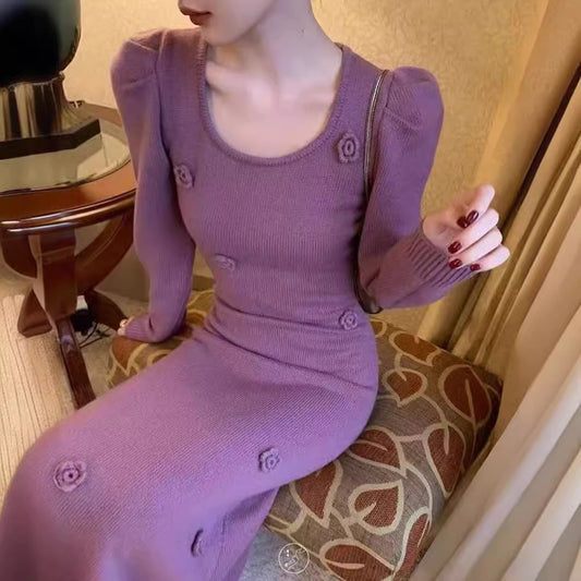 Lu Qingyi Fragrance Minimalist Knitted Dress Women's Autumn Puff Sleeve French Style Temperament Slim Fit Long Dress