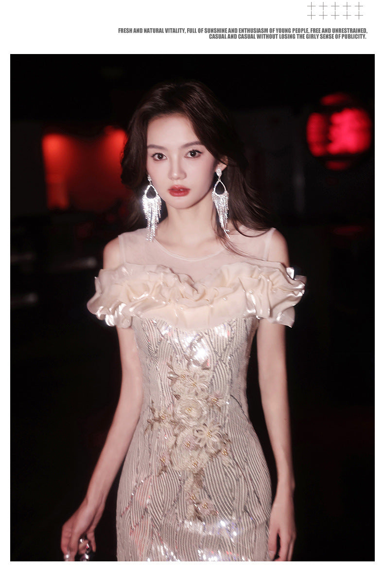 Fishtail Evening Dress 2024 New Sequined off-Shoulder Light Luxury Minority Host Banquet Heavy Work Waist-Tight Evening Dress