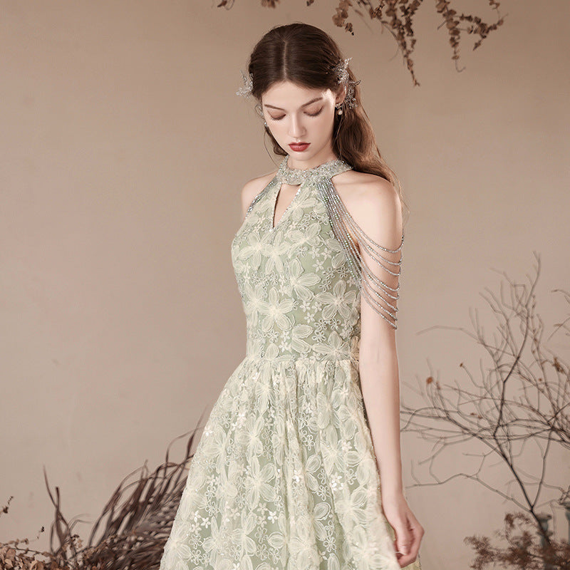 Halter Evening Dress 2024 New Printed Lace Toast Dress Bride Marriage Engagement Long Dress Elegant Slimming Green