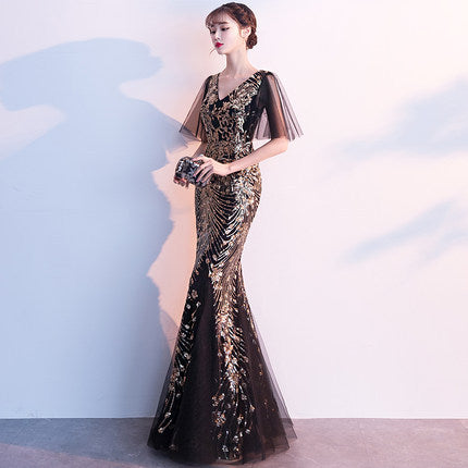 Evening Dress for Women 2024 New Banquet Socialite Gathering Long Style with Medium Sleeves V-neck Black Paillette Host Fishtail