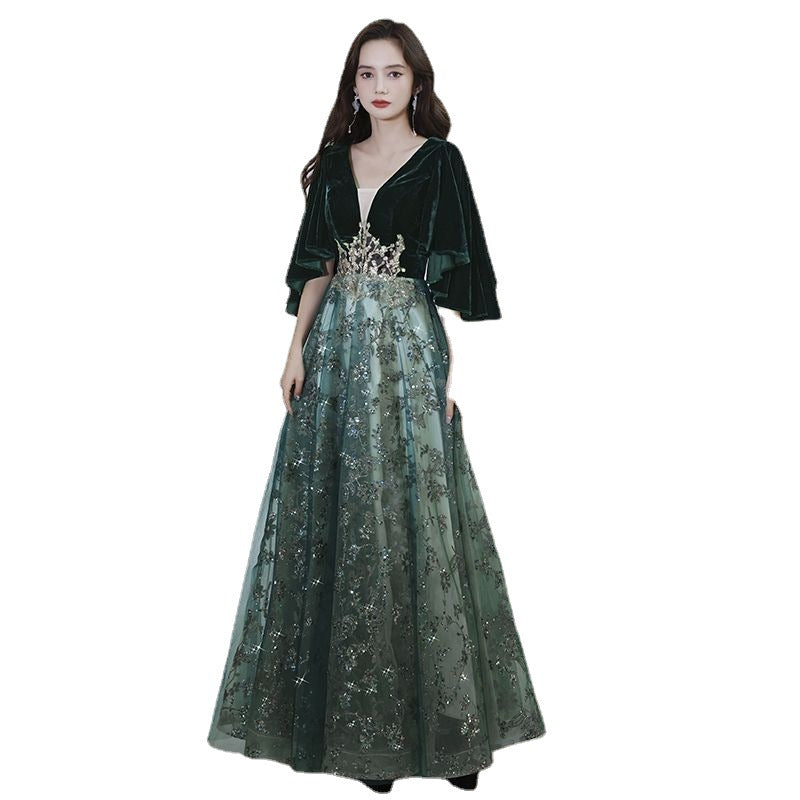 Women's Evening Dress New 2024 Banquet Temperament Green Niche Art Exam Slimming Pleuche Dress One Piece Dropshipping