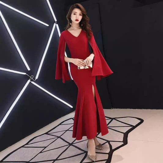 Red Toast Dress Bridal Fishtail Dress French Square Collar Engagement Dress Split Small Dress Host