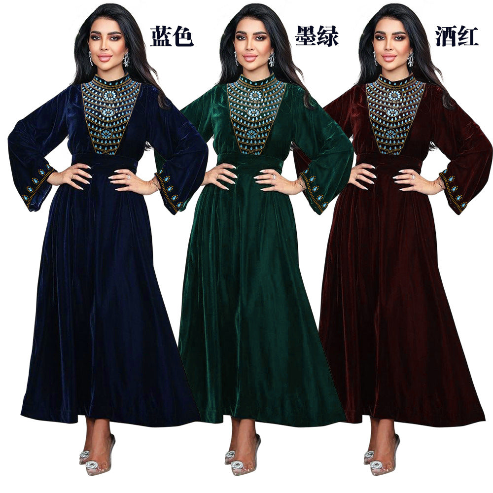 Xqy500219 Muslim Dubai Suede Dinner Dress Robe Blue Water Drop Rhinestone Jalabia Women's Clothing