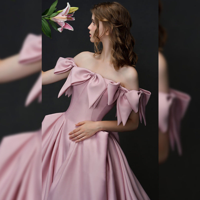 Pink Satin Annual Party Dress Women's 2024 New Banquet Host High-End Engagement Dress Toast Dress Bride