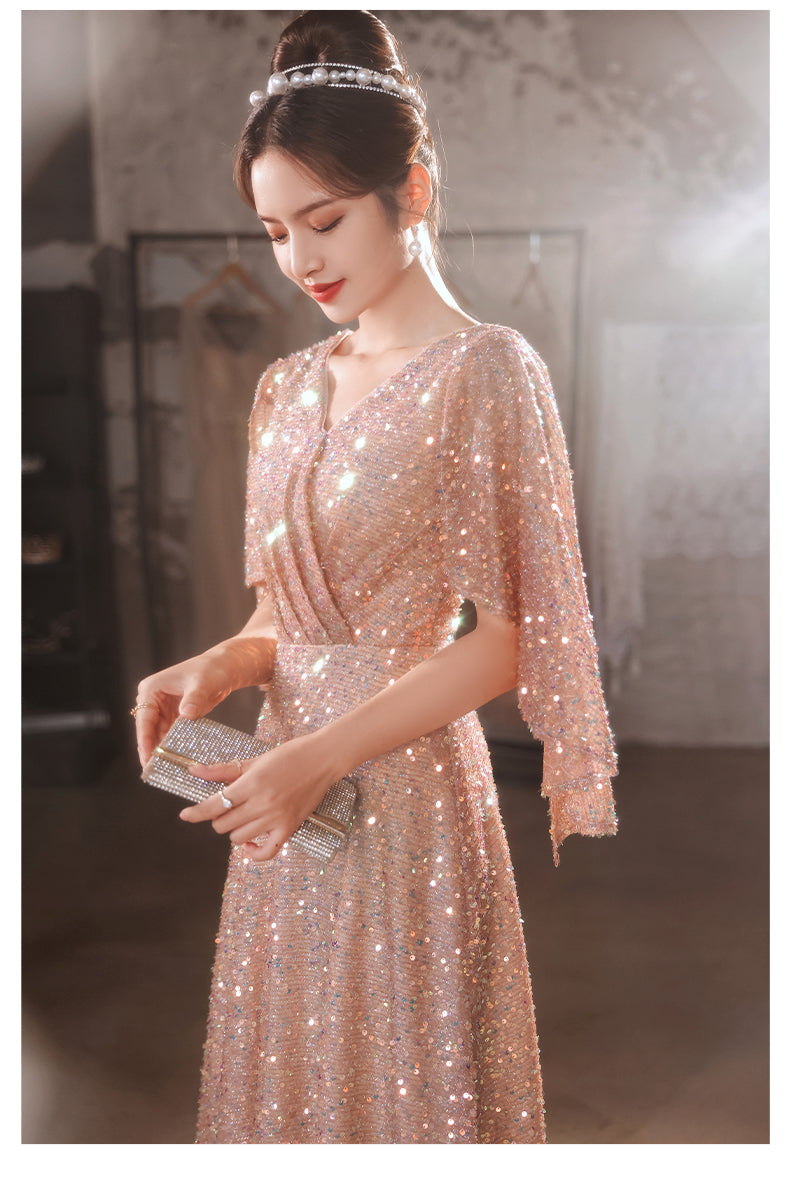 Foreign Trade Cross-Border Supply Evening Dress for Women 2024 New Banquet Socialite Temperament Entry Lux Niche Host Sense Sequins