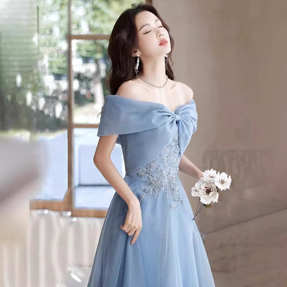 off-Shoulder Blue Evening Dress for Women Banquet Temperament French Entry Lux Niche High-End Host Art Exam Chorus Clothing