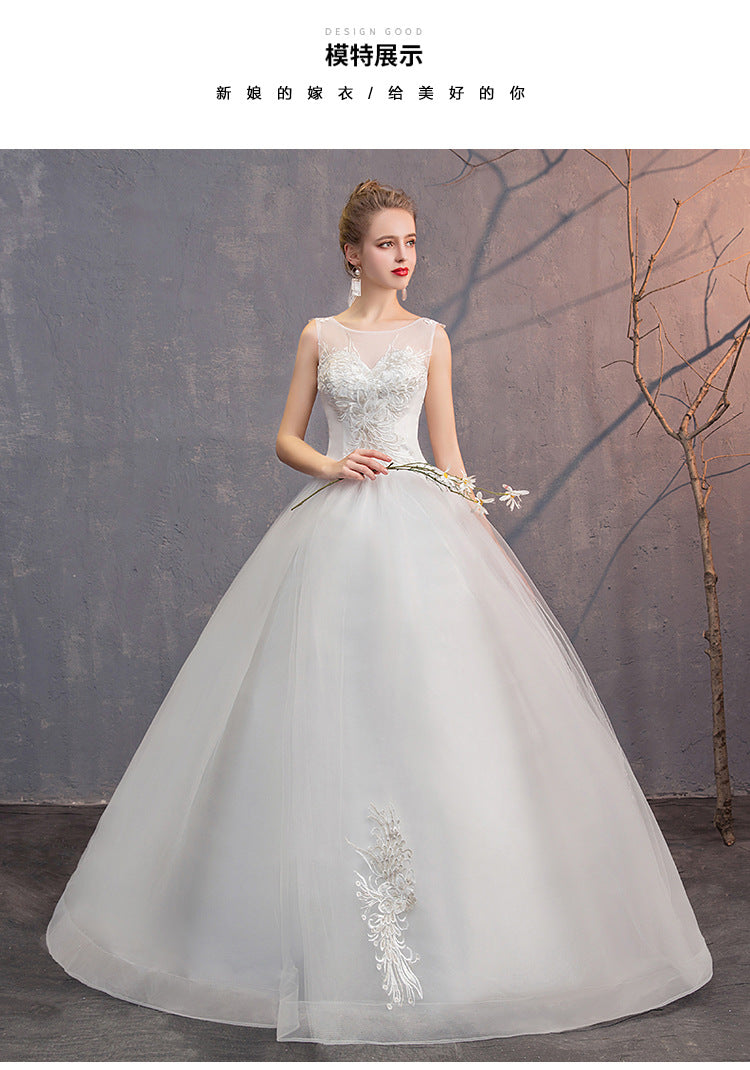 Romantic Slim-Fit Lace up Floor-Length Dress Elegant Shoulder round Neck Wedding Wedding Dress Floor-Length Wedding Dress