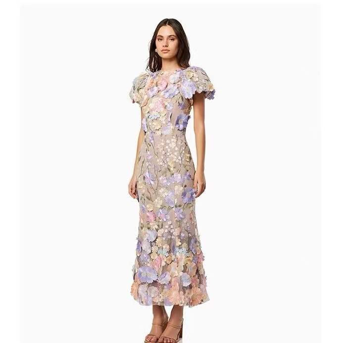 Spring 2024 Cross-Border New Arrival Light Luxury round Neck Embroidered Three-Dimensional Flower Puff Sleeve Mid-Length Dress Hip Skirt