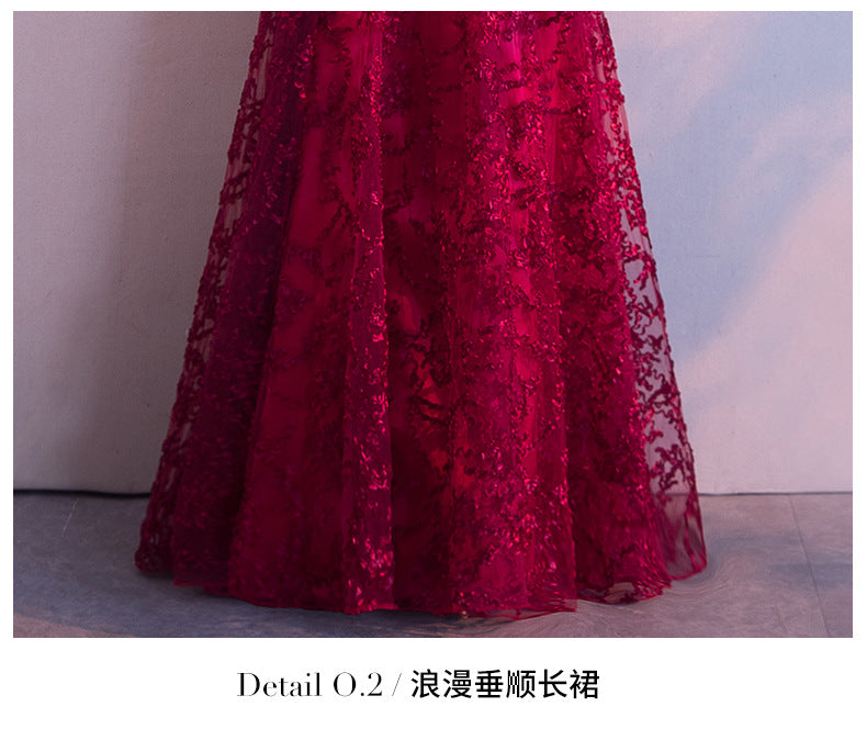 2024 New Summer Red Lace Off-Shoulder Long Slimming Wedding Evening Dress for Bride