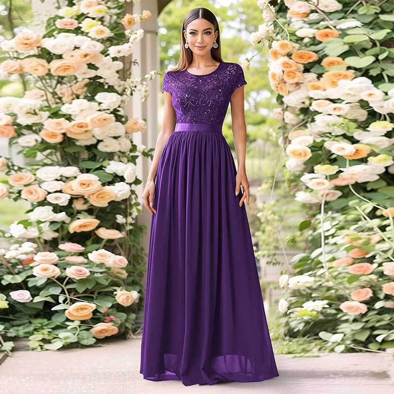 Cross-Border Amazon Fashion Banquet Dress Elegant European and American Bridesmaid Dress Wedding V-neck Short Lace Chiffon Dress