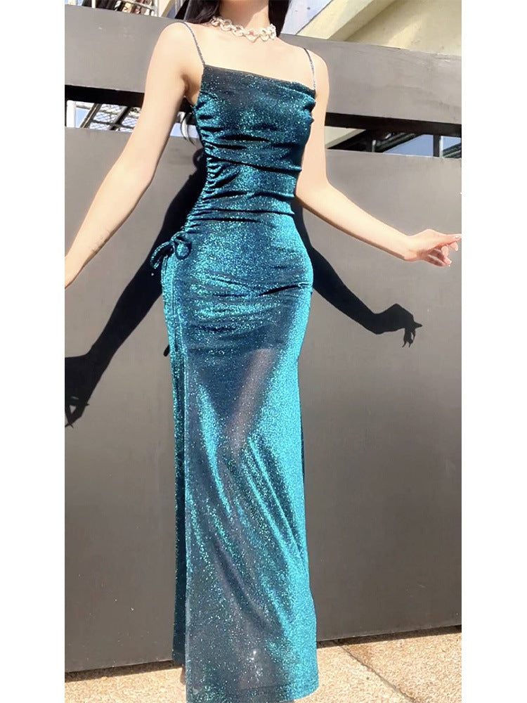 [Rona River Starry Night] Light Luxury Bright Silk Sling Dress Elegant Slimming High-End Evening Dress High-End Dress