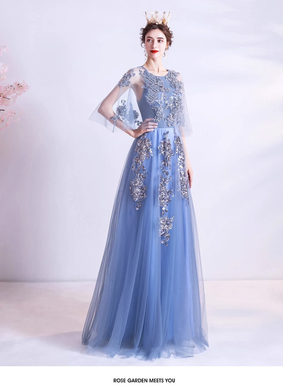 Blue Veils Slimming Banquet Annual Meeting Stage Performance Host Wedding Dress Evening Gown 273