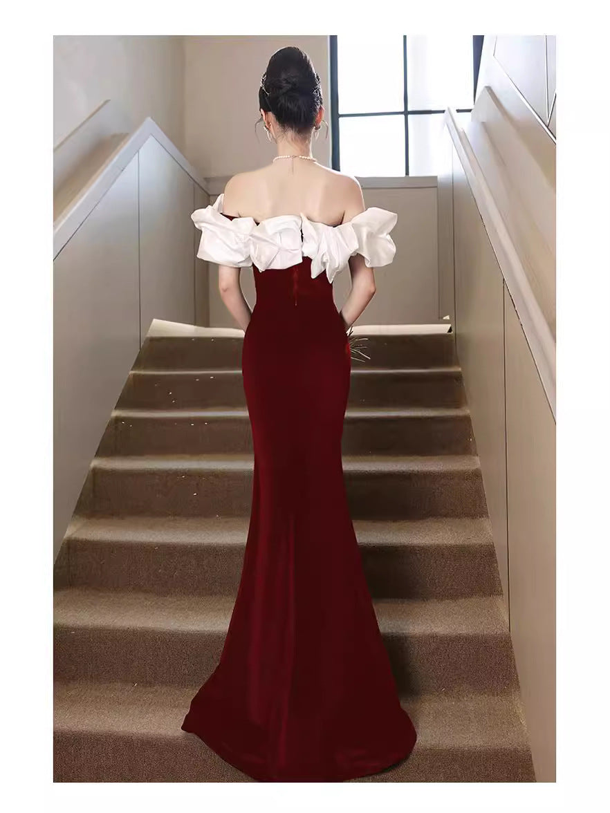 2024 New Summer Red Bardot Temperament Ladies Party Dress Host Dress Slim Fit Fishtail Dress