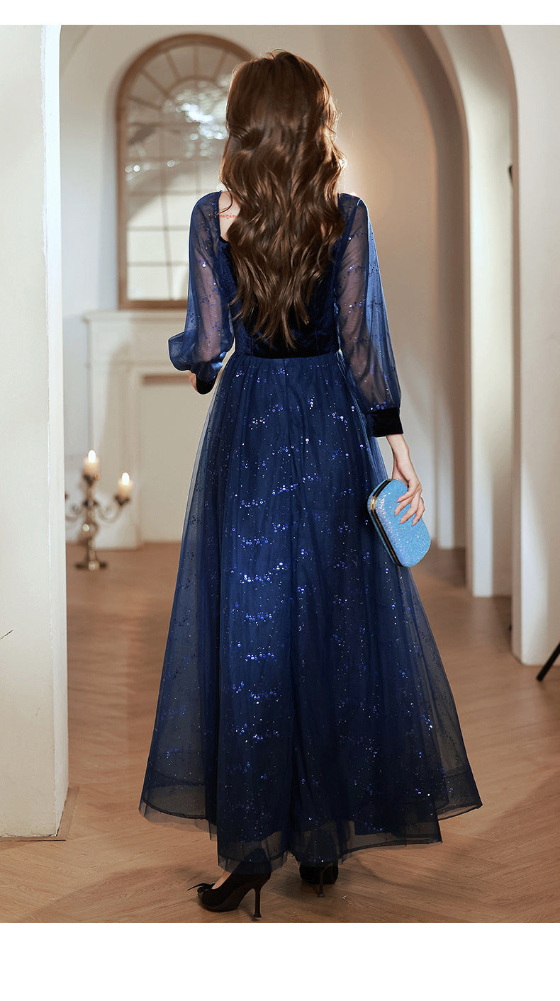 Women's Long-Sleeved Evening Dress for Banquet, High Sense High-End Affordable Luxury Niche Blue Sequined Conductor Chorus Solo Performance Costume