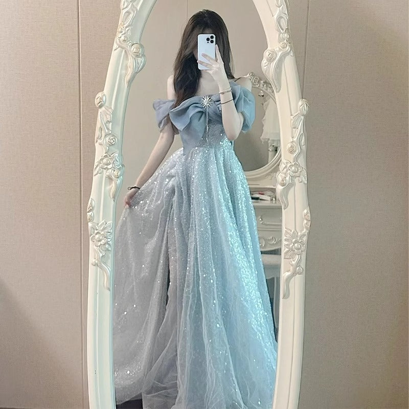 off-Shoulder Evening Dress for Women Banquet Temperament Light Luxury Minority High-End Host Art Exam Adult Ceremony Dress Pettiskirt