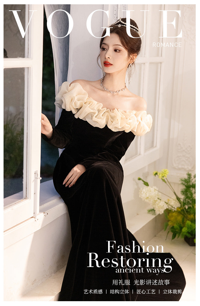 off-Shoulder Black Evening Dress 2024 New Banquet Temperament Host French Entry Lux Niche Long Sleeve Autumn and Winter