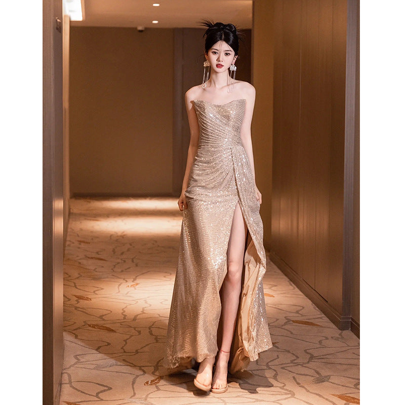 Sequined Tube Top Toast Dress Bride Engagement Fishtail Host Temperament Banquet Female Socialite High-Grade Evening Dress
