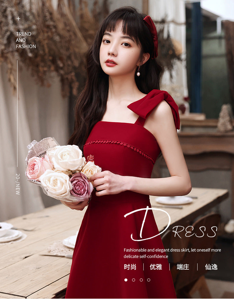 Toast Dress Bride Spring Short Small Wine Red Daily Style Back-to-Door Casual Wear Sling Female Engagement Dress