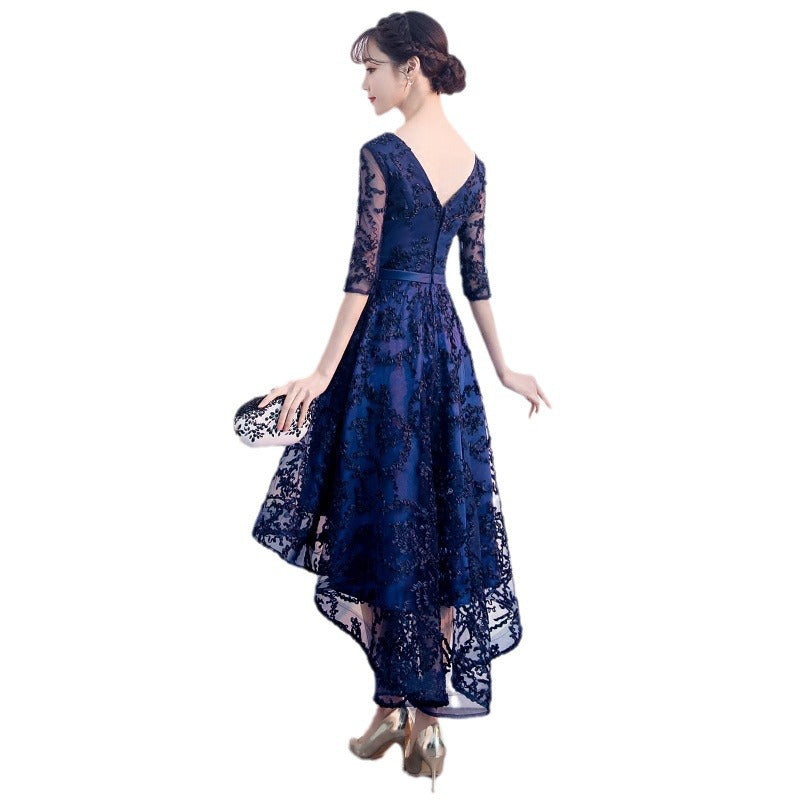 Navy Blue Evening Dress Temperament Banquet Mom Wedding Reception Clothes Front Short Back Length Dress Daily Style Autumn and Winter