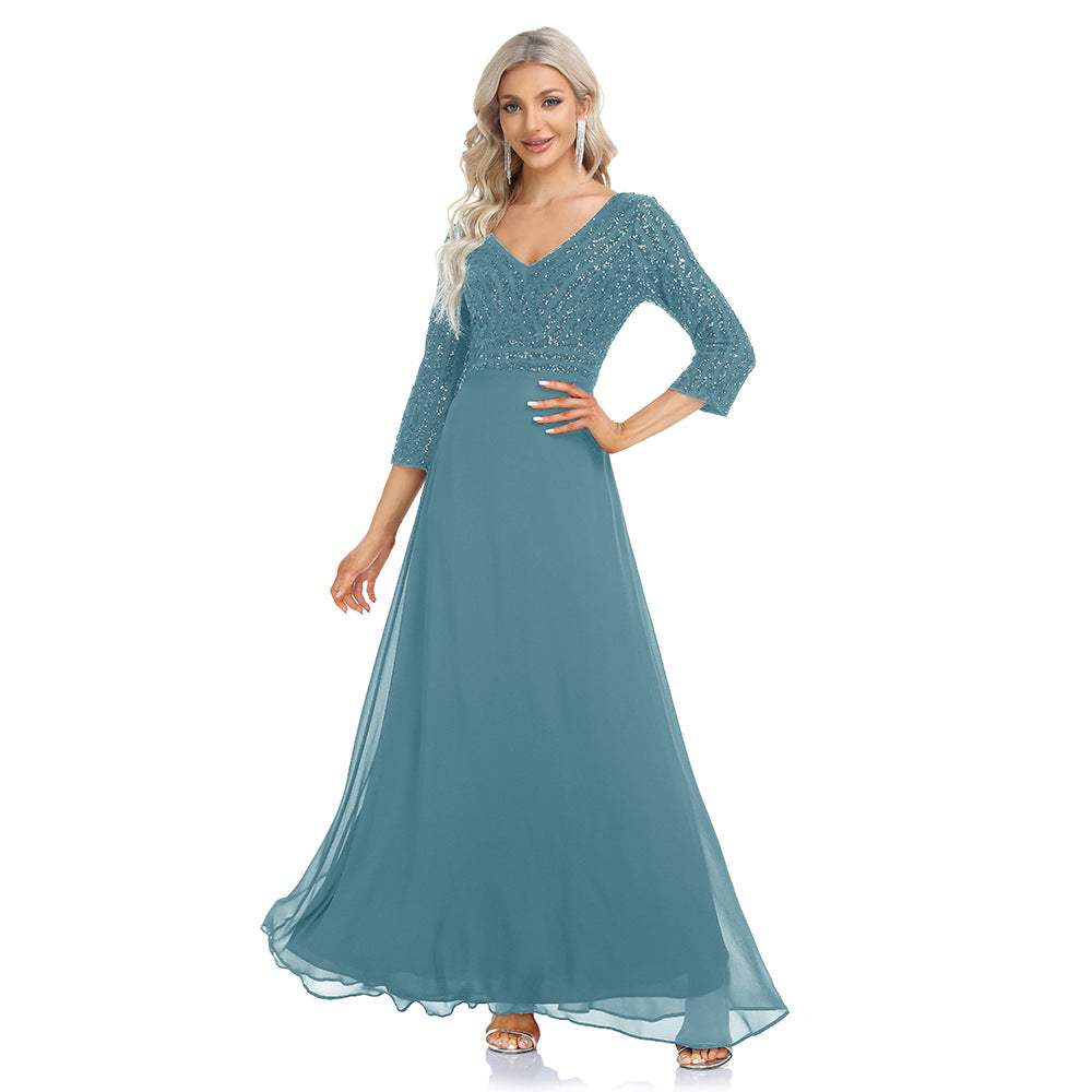 2023 Spring and Summer Women's Chiffon Bridesmaid Dress Double V-neck Dress 3/4 Sleeve A- line Large Hem Sequin Stitching Evening Dress