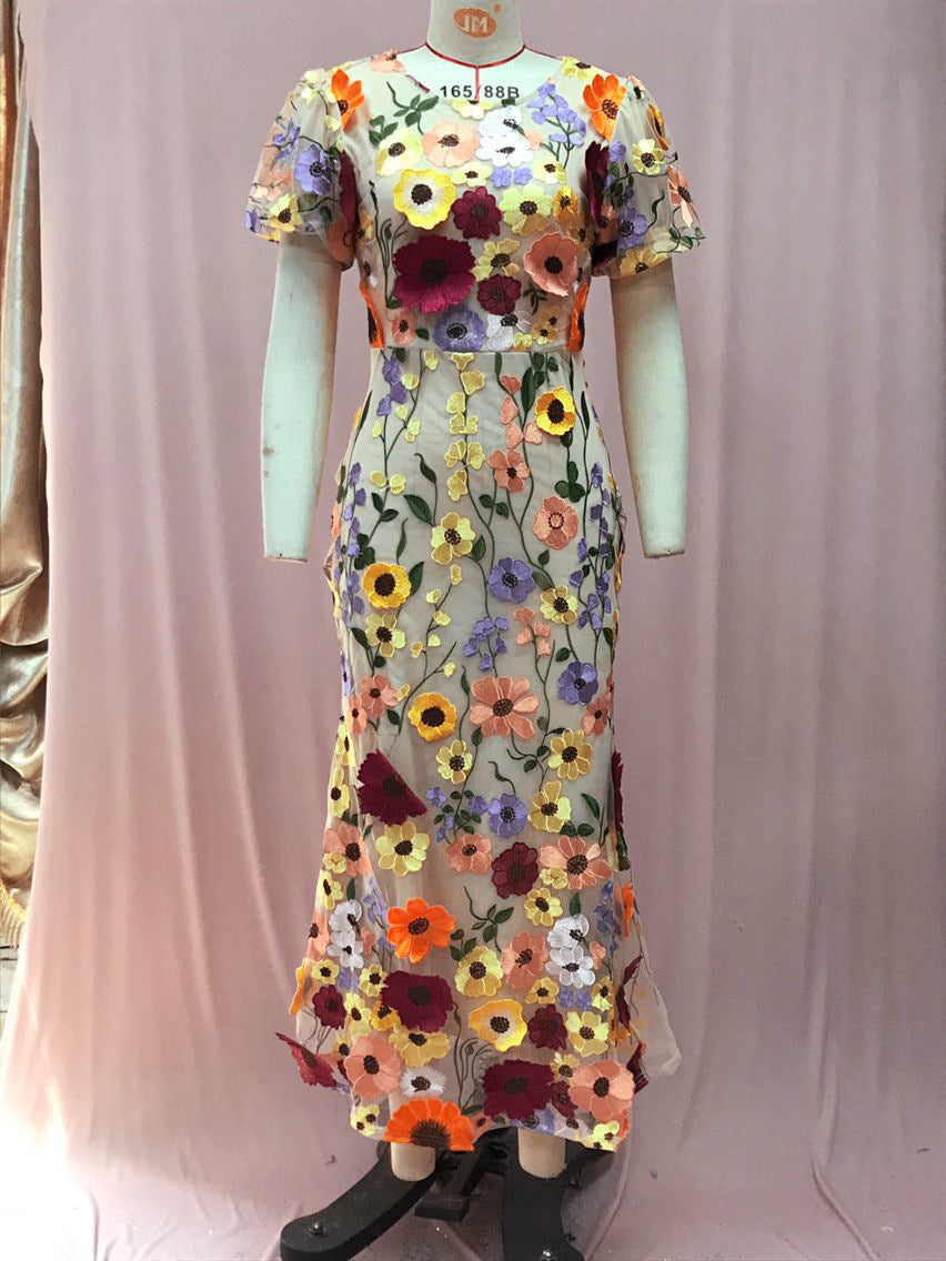 Spring 2024 Cross-Border New Arrival Light Luxury round Neck Embroidered Three-Dimensional Flower Puff Sleeve Mid-Length Dress Hip Skirt