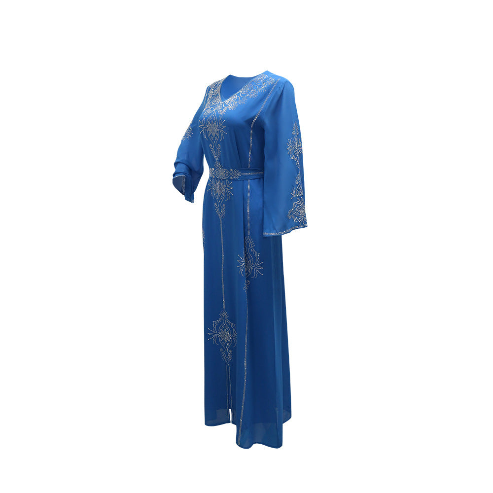 Xqy500176 Saudi Arabia Dubai Fashion Rhinestone Dress Summer Chiffon Robe Middle East Women's Dress