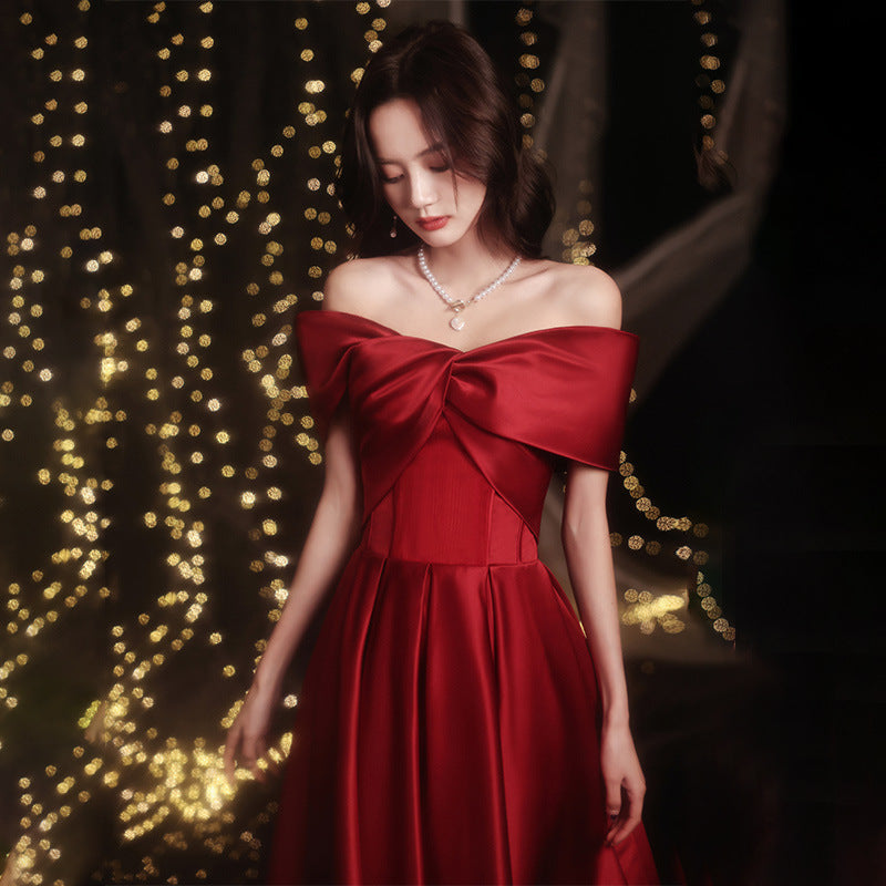 Wine Red Toast Dress Bride 2024 New Appreciation Dinner Engagement Wedding Back-to-Door off-Shoulder Evening Dress for Women Autumn