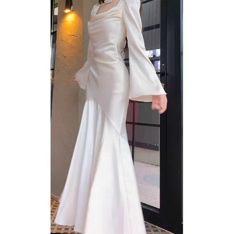 French Style Long Sleeve Fishtail Dress Early Spring High-End Satin Collar White Dress Engagement Dress Wedding Morning Gowns