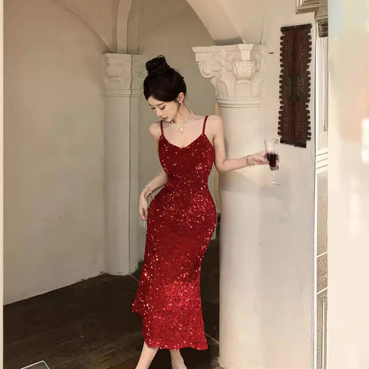 High Sense Socialite Style Glitter Sling Basic Dress Sexy Slim Fishtail Dress Annual Meeting Battle Gown