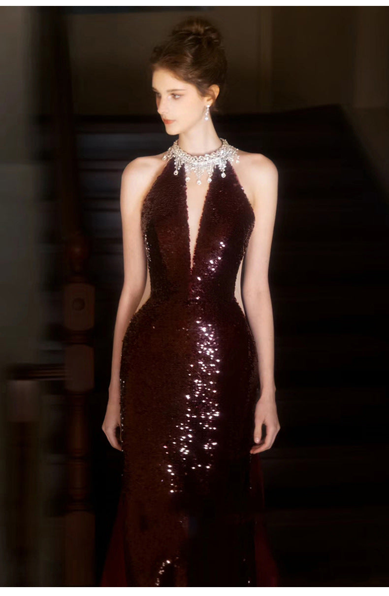 TOAST Clothing 2024 New High Sense Wine Red Bride Engagement Formal Dress Banquet Temperament Host Evening Dress Women