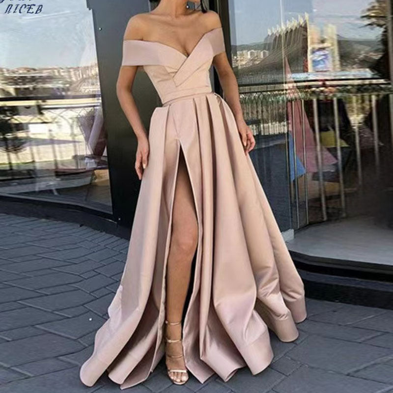 Party Dress satin black red off shoulder dinner dresses gala gown Women's European and American Style 2023 Cross-Border New Arrival Sexy Deep V Solid Color High-End Satin Banquet Evening Dress