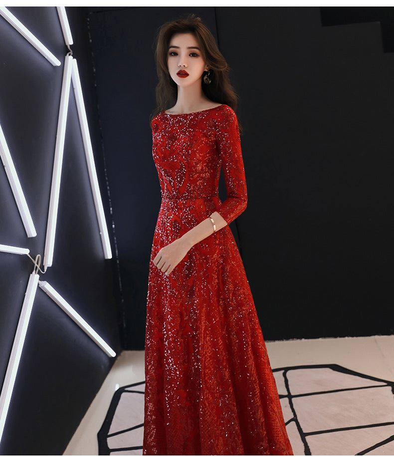 Bridal Toast Clothing 2024 Summer New Wine Red Marriage Engagement Back-to-Door Long Dinner Chinese Style Toast Dress